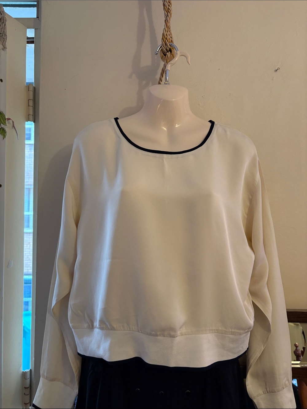 Theory Cream Satin-Look Blouse with Black Neck Trim. 100. Silk